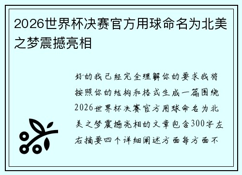 2026世界杯决赛官方用球命名为北美之梦震撼亮相 2026世界杯决赛官方用球命名为北美之梦震撼亮相